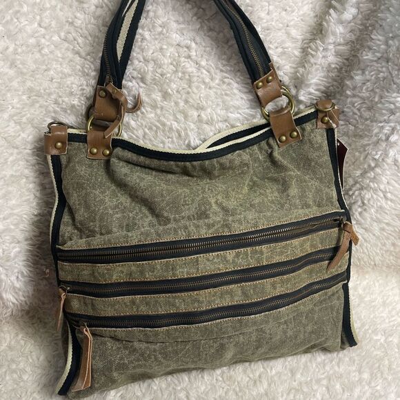 Uddini  grey distressed canvas large tote with brown faux leather trims - Picture 6 of 14